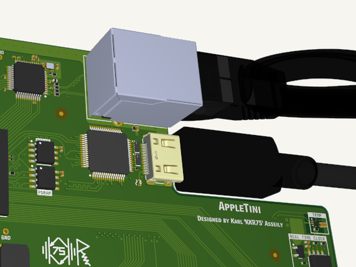 Close crop of the board render showing the RJ45 network jack with a cable attached, a fine pitch QFP package beside it, the mini-HDMI connector, and the AppleTini silkscreen reading Designed by Karl KKR75 Asseily