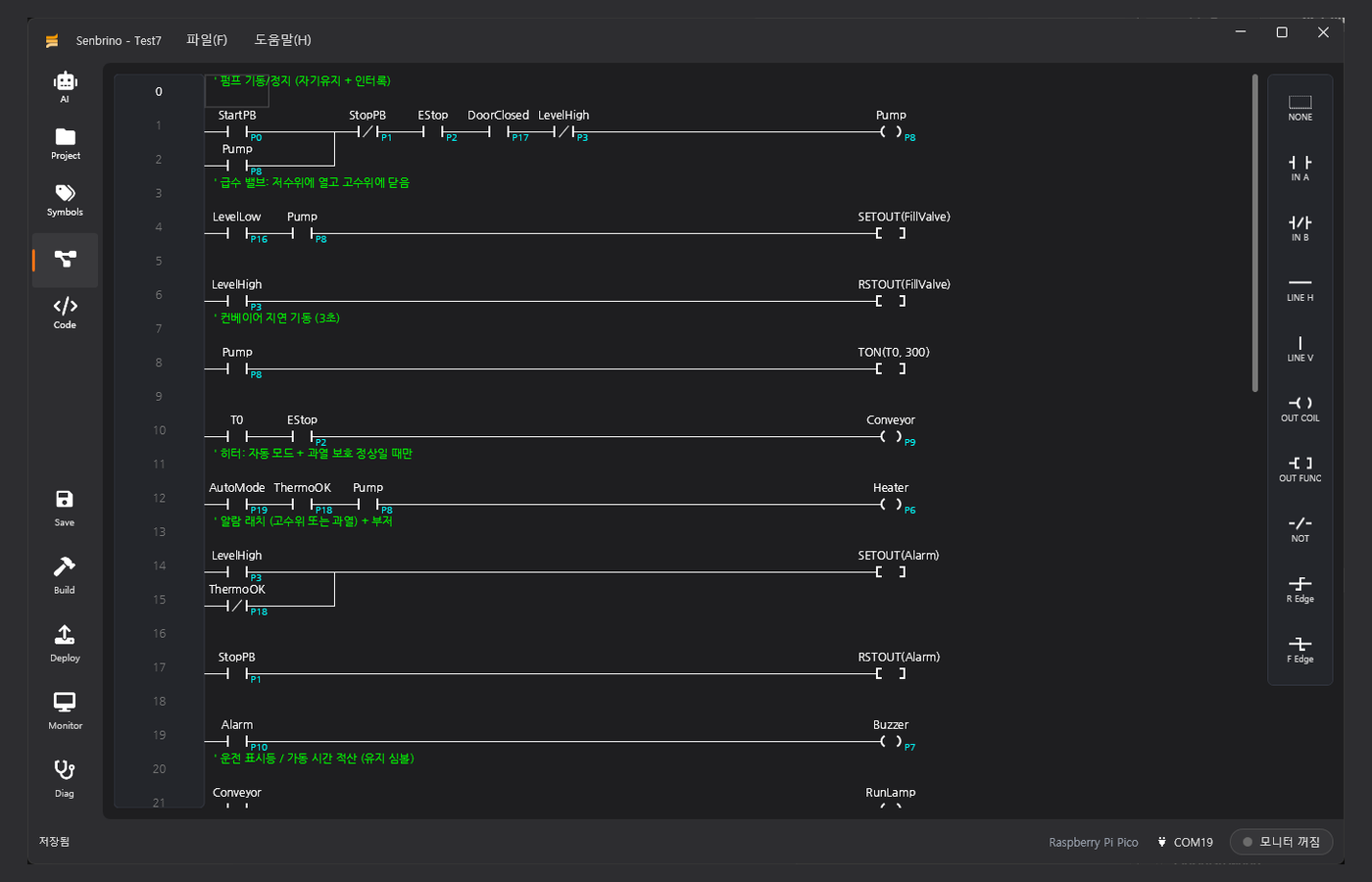 Screenshot of the Senbrino ladder editor showing ten rungs of a pump, conveyor, heater and alarm program, with named contacts StartPB, StopPB, EStop, DoorClosed and LevelHigh driving a Pump coil at address P8, a SETOUT and RSTOUT pair on FillValve, and a timer block written TON(T0, 300)