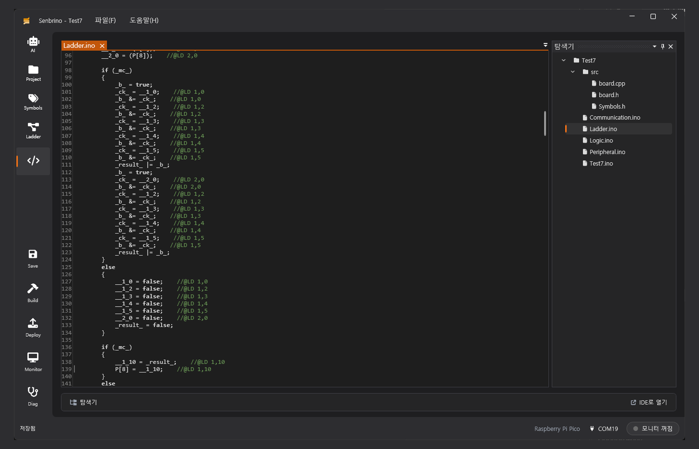 Screenshot of the Senbrino code page showing the generated Ladder.ino open in an editor, with lines such as _ck_ = __1_0 followed by trailing comments reading slash-slash-at-LD 1,0, and a project tree listing board.cpp, board.h, Symbols.h, Communication.ino, Ladder.ino, Logic.ino, Peripheral.ino and Test7.ino