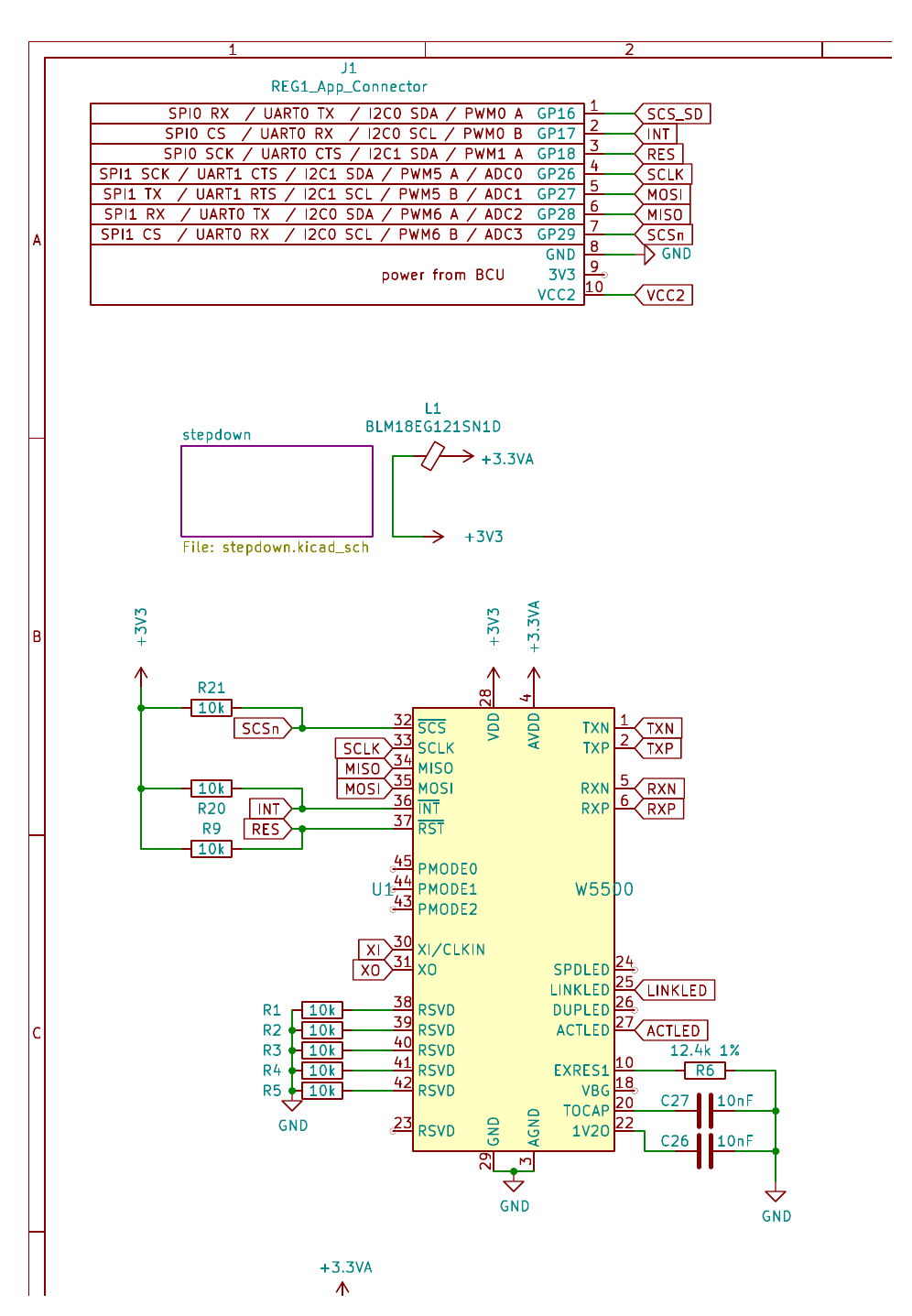 KiCad schematic sheet showing the REG1 app connector with its RP2040 GPIO assignments on the left and the W5500 symbol with its SPI, interrupt and reset pins below