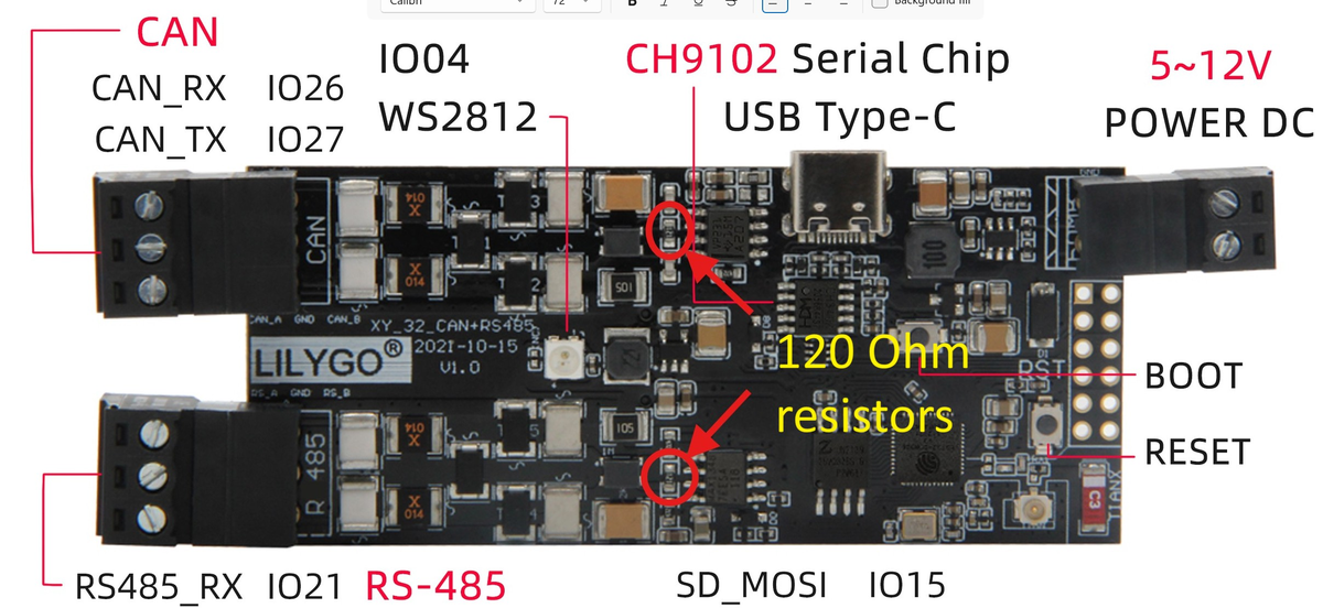 Photo of a LilyGo T-CAN485 board with two red arrows drawn onto it pointing at the 120 ohm termination resistors near the RS485 and CAN connectors