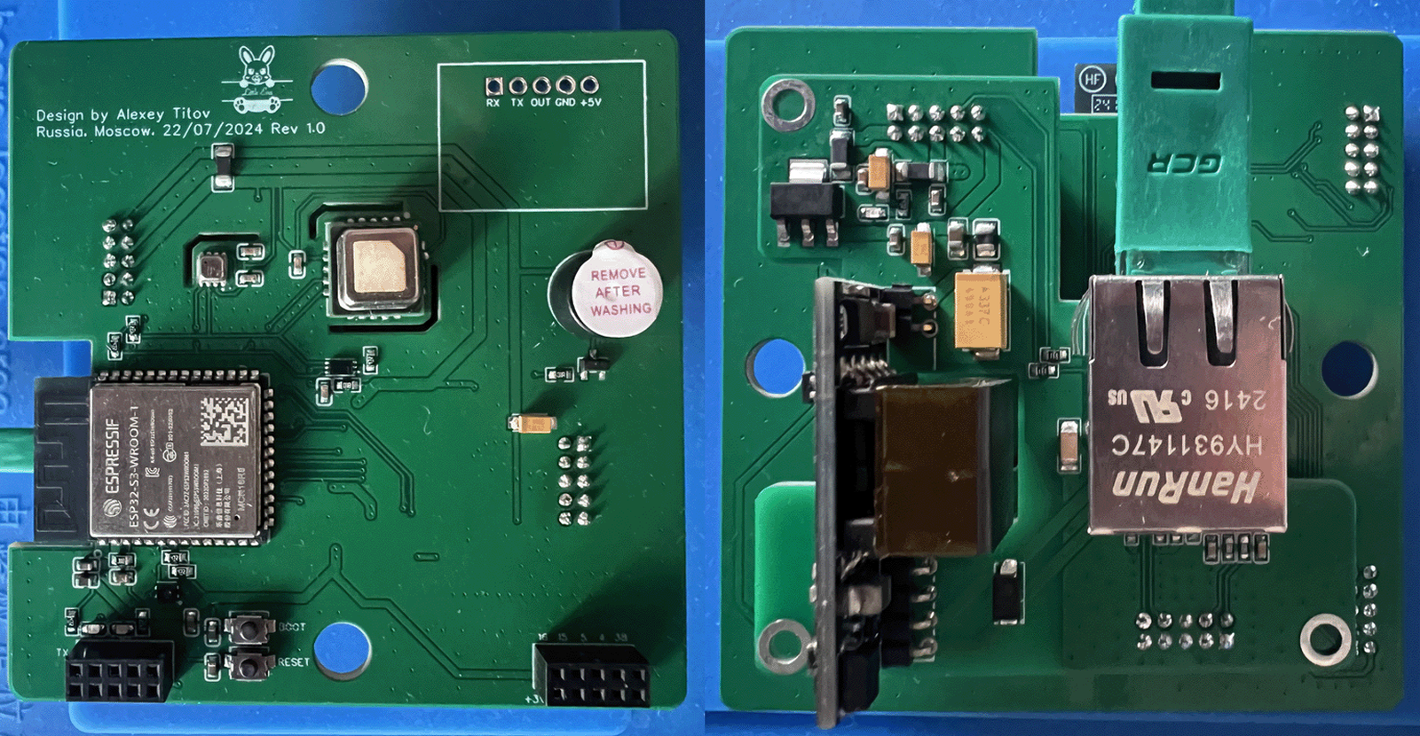 Photograph showing the front and back boards of the Eva sensor side by side on a blue mat, the left one carrying the microcontroller and sensors, the right one carrying a HanRun RJ45 jack and a black PoE module
