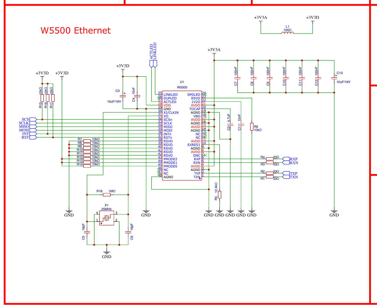 Crop of the front schematic showing the block labelled W5500 Ethernet, with the W5500 in the centre, its SPI pins on the left, the 25 MHz crystal below, and the four differential lines leaving to the right through 33 ohm resistors
