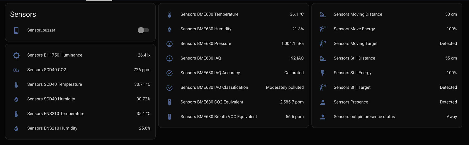 Screenshot of the Home Assistant dashboard showing three cards of Sensors entities: a buzzer switch and SCD40, BH1750 and ENS210 readings, then BME680 values including IAQ classification, then LD2410C presence and distance values