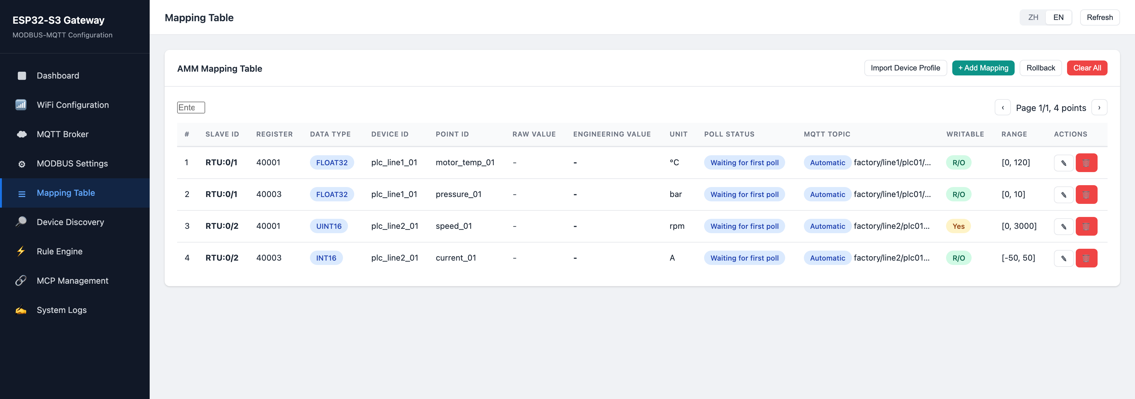 AMM mapping table listing four points with data type, device id, point id, unit, poll status, MQTT topic, writable flag and range