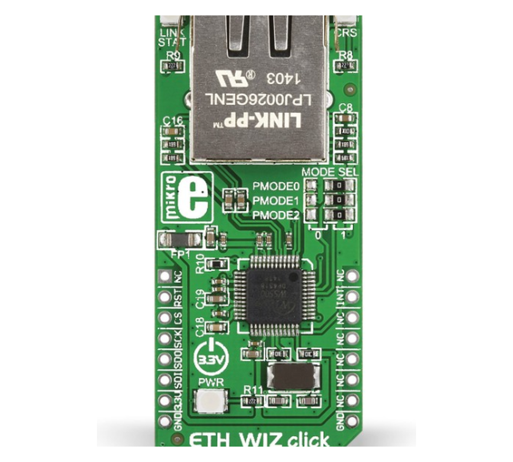 WIZnet-hosted product photo of the external MIKROE ETH WIZ Click board