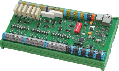 The CANLAB IO board has rows of field terminals, eight relays, a DIP switch and adjacent USB-B and Ethernet connectors.