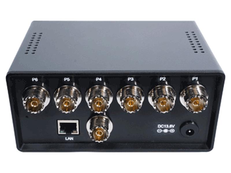 Rear view of the RNS216M showing six M type coaxial sockets labelled P6 down to P1 in a row, with an RJ45 socket labelled LAN, the common coaxial port below the centre of the row, and a barrel jack marked DC13.8V at the right