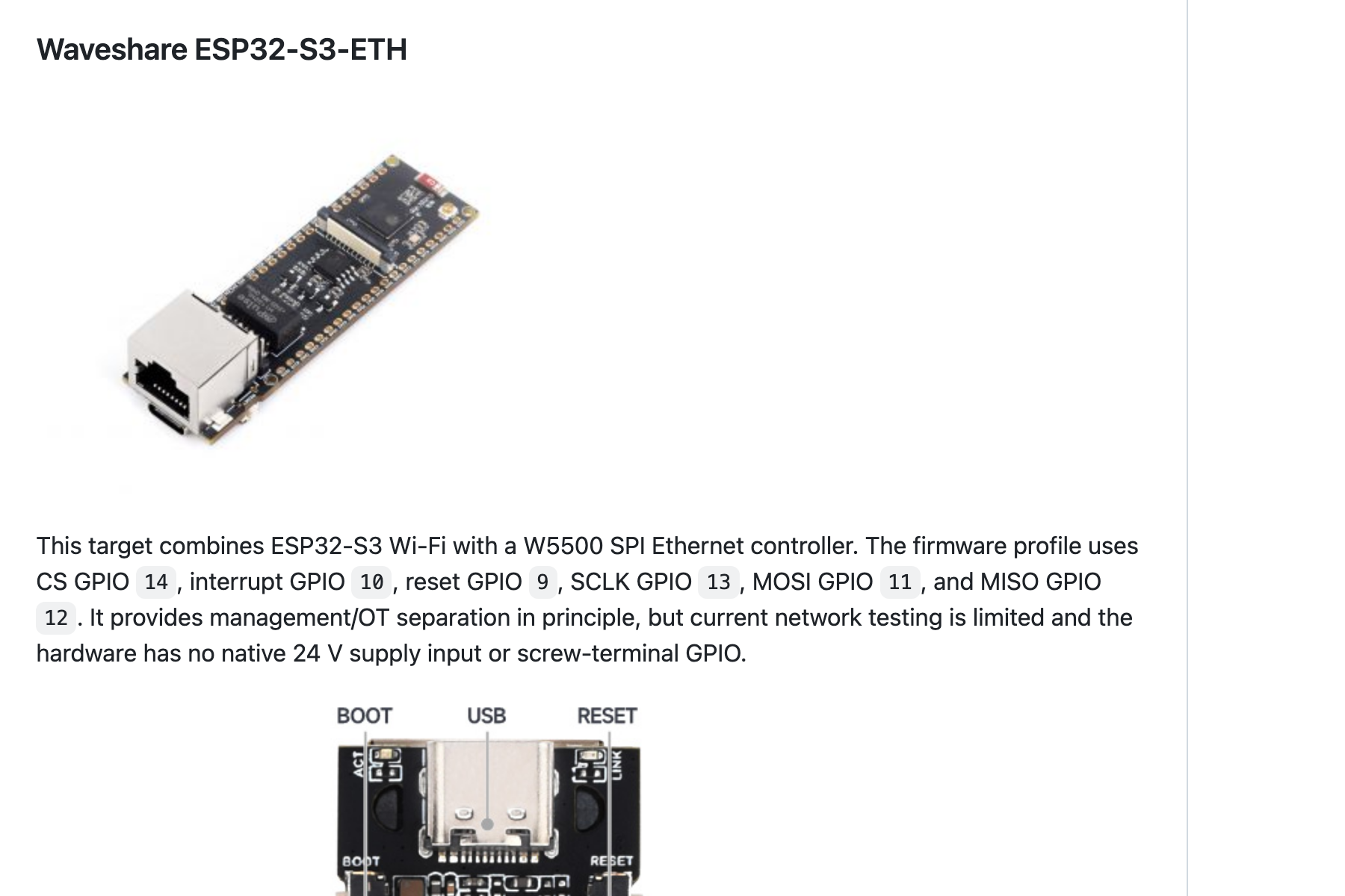 Screenshot of the project README on GitHub showing the Waveshare ESP32-S3-ETH heading, a photo of the board, and the sentence stating that the target combines ESP32-S3 Wi-Fi with a W5500 SPI Ethernet controller together with its GPIO pin list