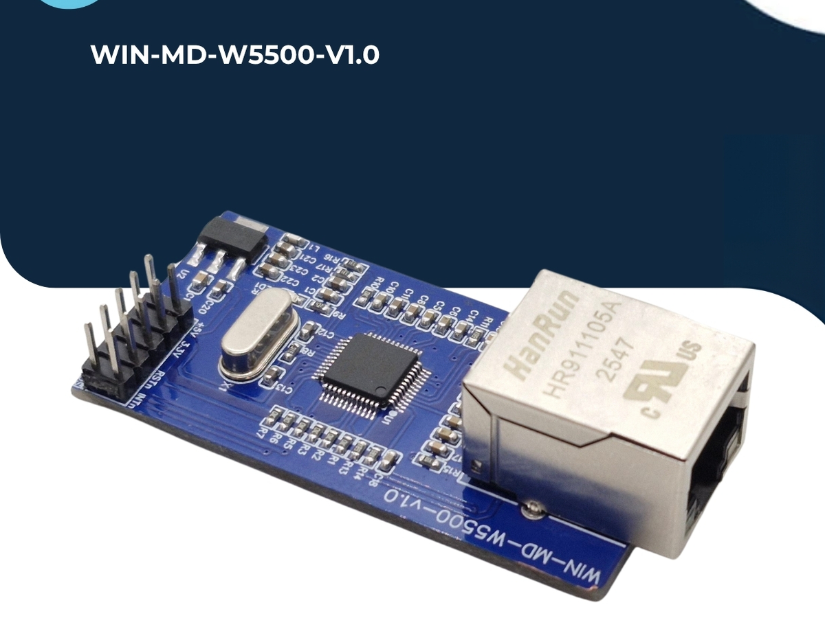 Photograph of the WIN-MD-W5500-V1.0 board on a dark blue background under the printed title WIN-MD-W5500-V1.0, showing a blue PCB with a two-by-five pin header, a metal-can crystal, a black square chip, an SOT-223 regulator and a shielded HanRun HR911105A RJ45 jack marked 2547
