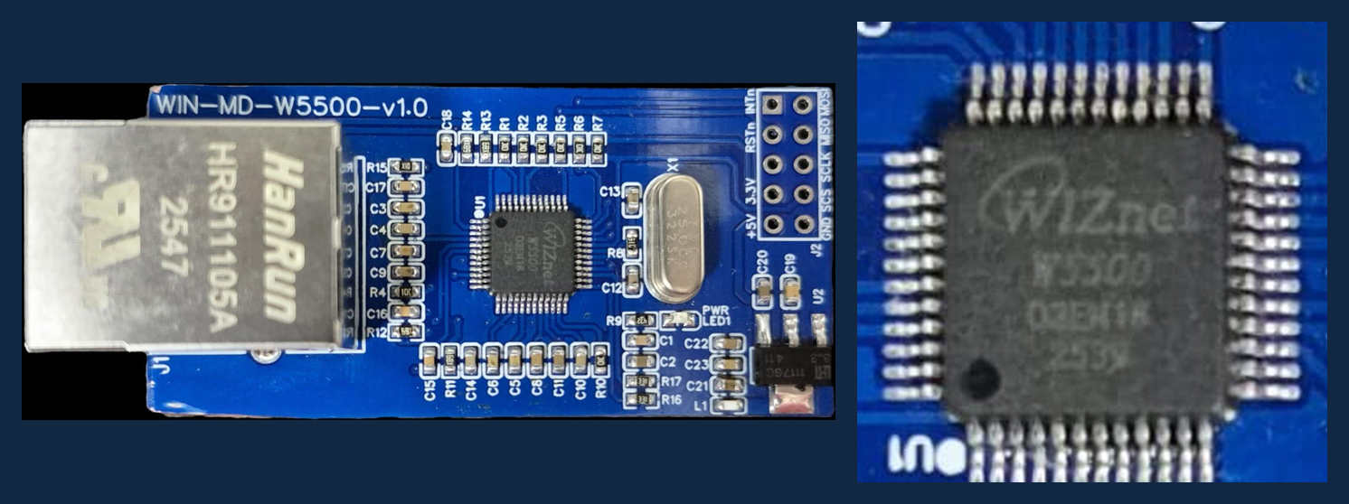 Two panels on a dark background. The left panel shows the whole WIN-MD-W5500-v1.0 board in landscape with its silkscreen part number, HanRun HR911105A jack, metal crystal can and reference designators. The right panel is an enlargement of the 48-pin square chip showing the WIZnet logo and the marking W5500 with a lot code underneath