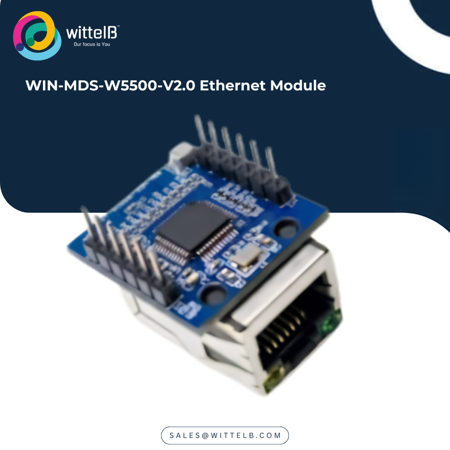 Photograph of the WIN-MDS-W5500-V2.0 module on a dark blue background, showing a small blue PCB carrying a black square chip and a crystal mounted directly above a shielded RJ45 jack, with two rows of long header pins rising from the board edges