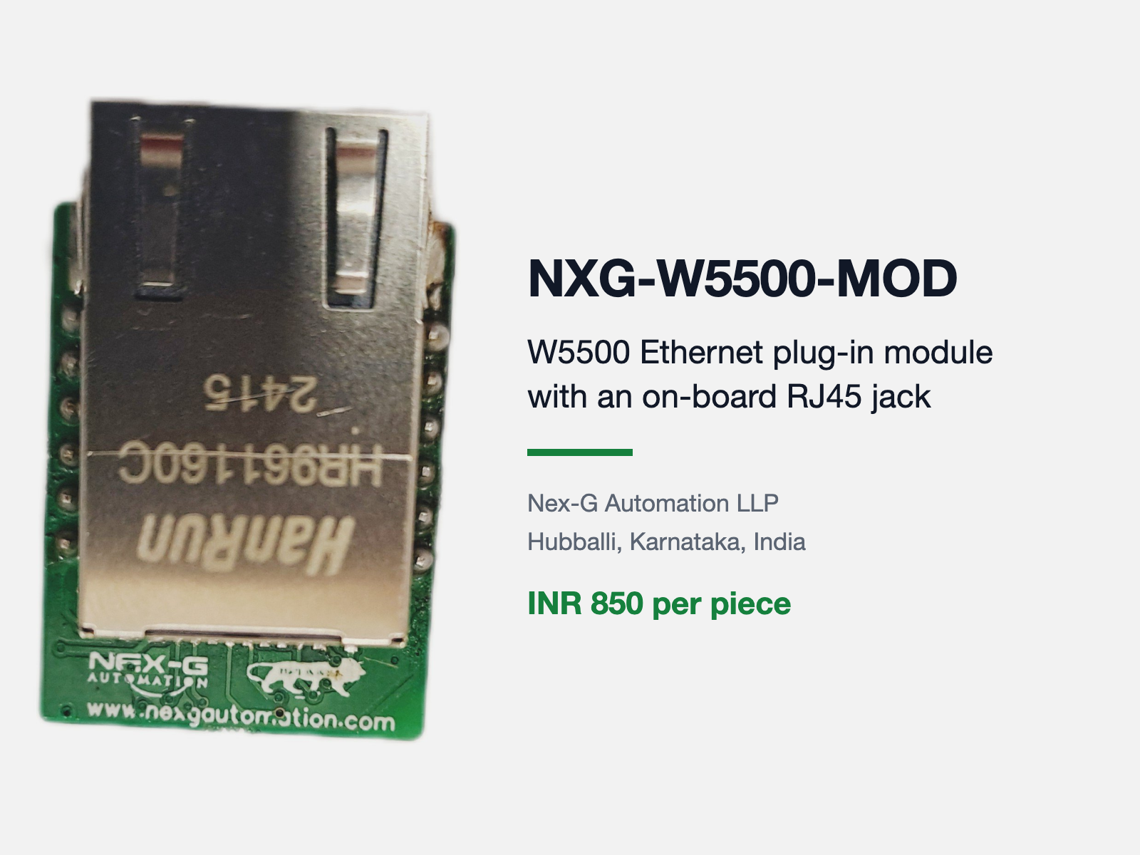 Photograph of a small green printed circuit board with a metal shielded RJ45 jack soldered on top, two rows of plated holes along the board edges, and white silkscreen printing reading NEX-G AUTOMATION with a lion emblem and www.nexgautomation.com, shown beside a caption panel giving the model code NXG-W5500-MOD and the price of 850 Indian rupees per piece