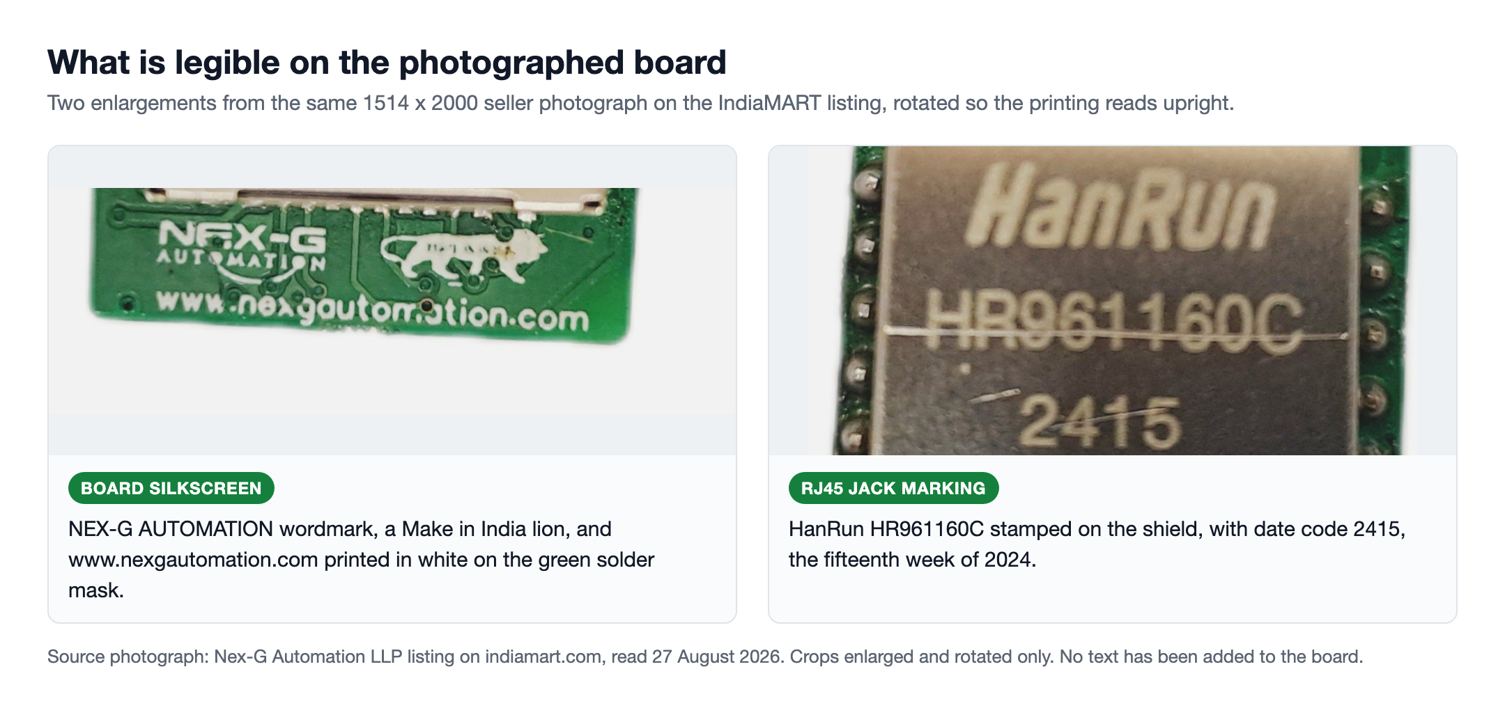 Two enlargements from one seller photograph, the left showing white silkscreen text reading NEX-G AUTOMATION with a lion emblem and www.nexgautomation.com on green solder mask, the right showing the metal RJ45 shield stamped HanRun HR961160C with date code 2415 between two columns of solder filled plated holes