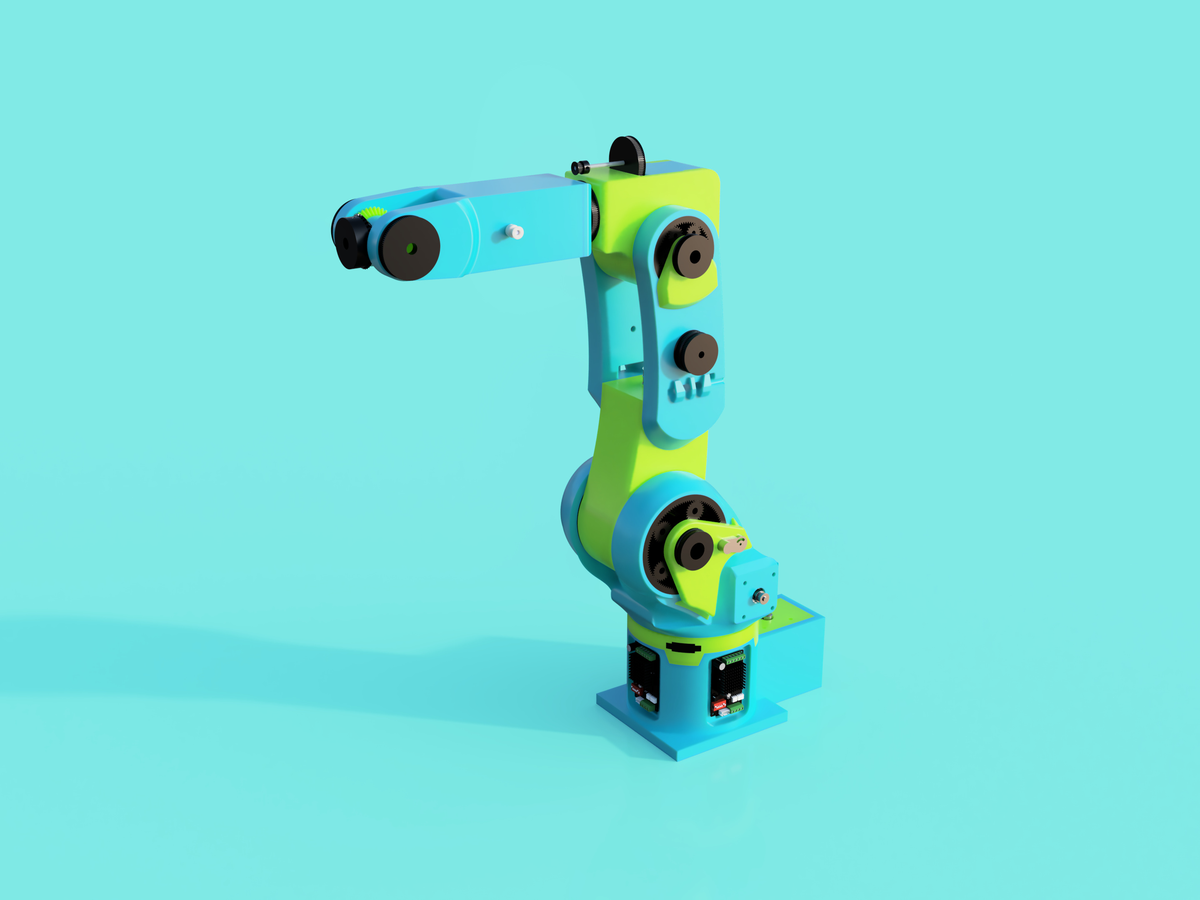 CAD render of the Nite369 6-axis robot arm in teal and lime green, standing on a flat base with visible stepper drivers, gear hubs at each joint, and the wrist folded forward