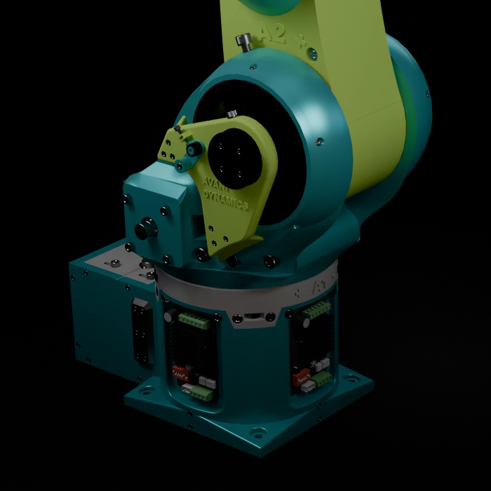 Frame from the repository's CAD animation showing the arm's shoulder assembly with an Avani Dynamics engraving on the lime green joint plate, above a teal base whose skirt is open to reveal mounted stepper driver boards with green terminal blocks