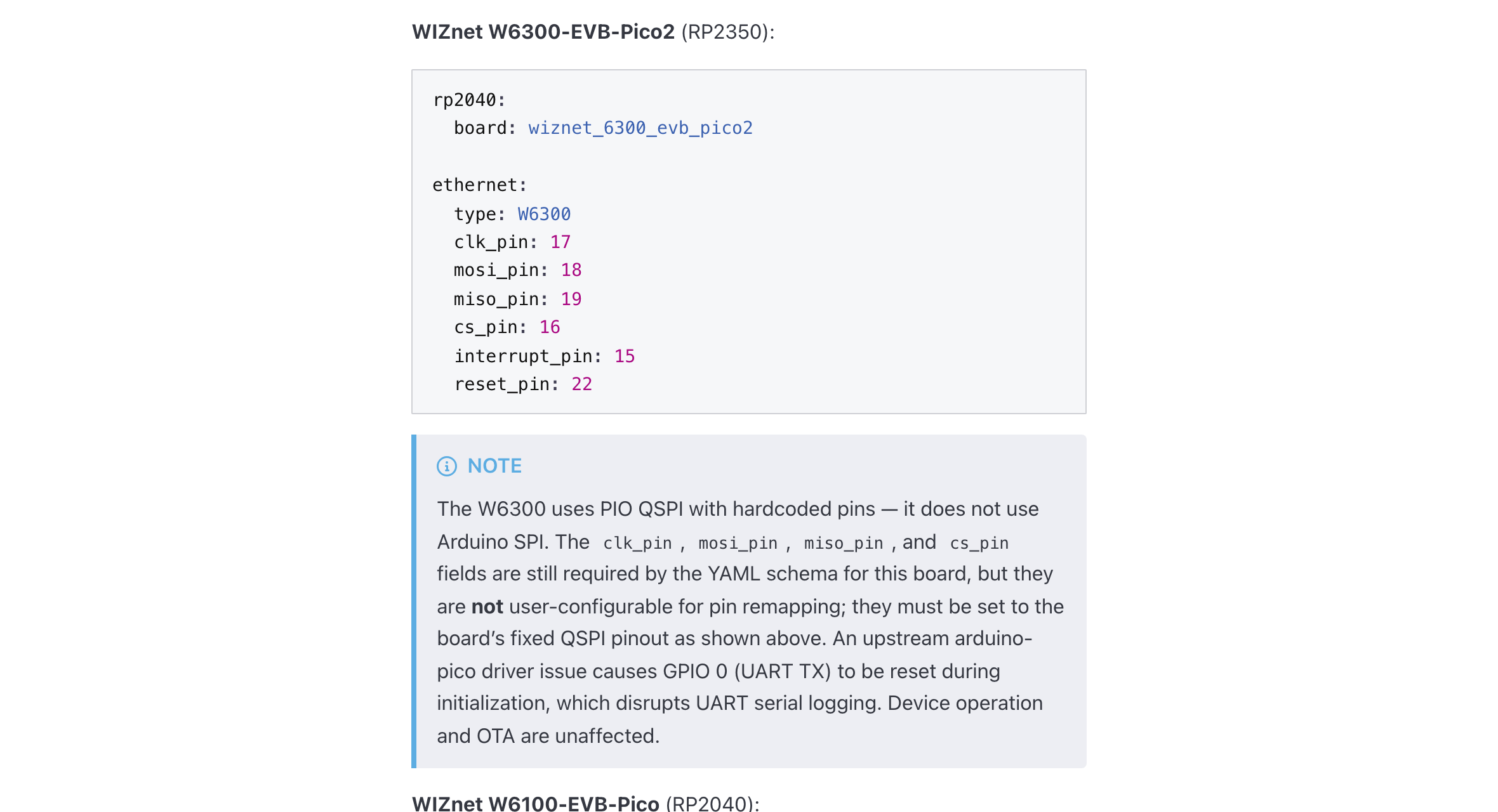 Screenshot of the official ESPHome ethernet documentation showing the W6300-EVB-Pico2 example YAML with its pin numbers and the note that the W6300 uses PIO QSPI with hardcoded pins