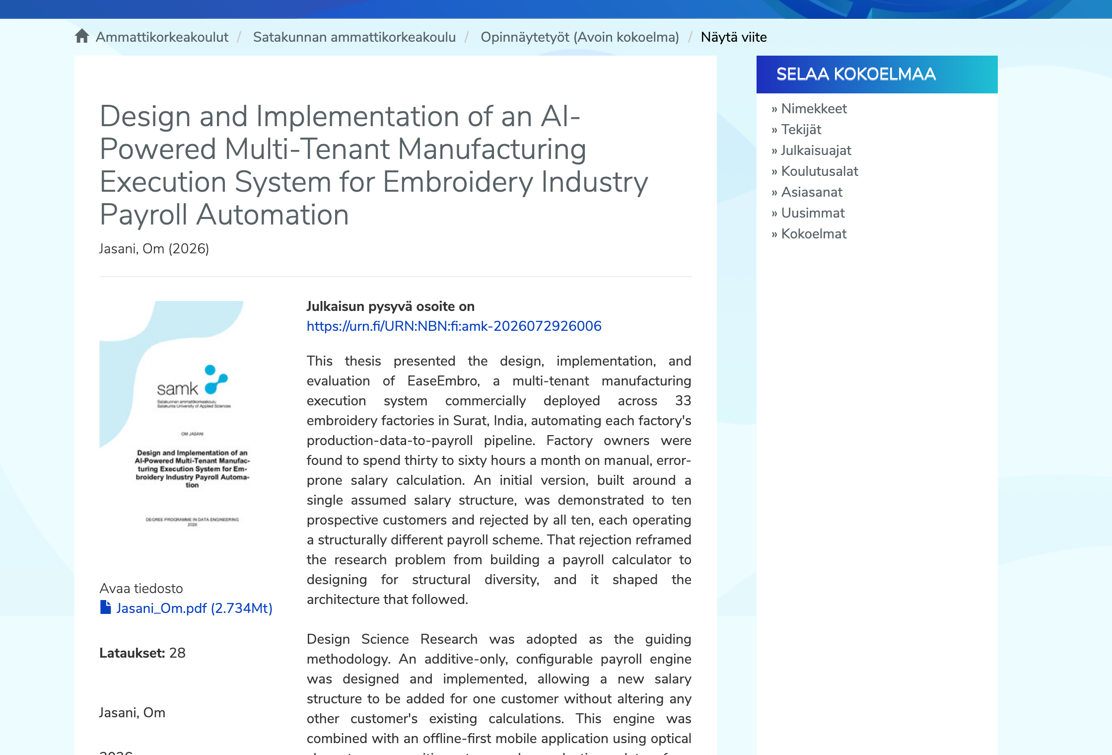 Screenshot of the Theseus repository record for the thesis, showing the Satakunnan ammattikorkeakoulu breadcrumb, the full title, author Jasani, Om (2026), the permanent URN link, and the abstract naming 33 embroidery factories in Surat, India