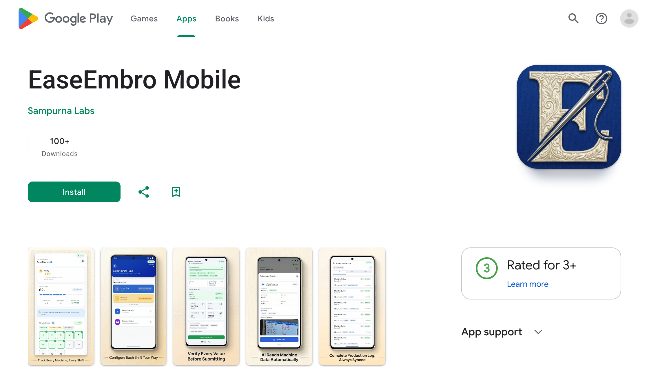 Screenshot of the Google Play listing for EaseEmbro Mobile by Sampurna Labs, showing the app icon with an embroidered letter E pierced by a needle, an Install button, a 100+ downloads figure, and five phone screenshots of production entry screens