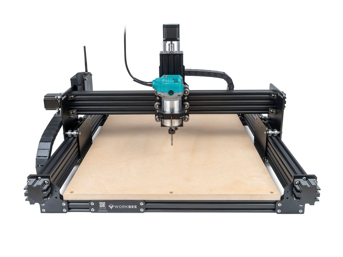 Front view of the Ooznest WorkBee Z1+ CNC machine, a black aluminium extrusion frame with a gantry, a teal router spindle and an MDF spoilboard