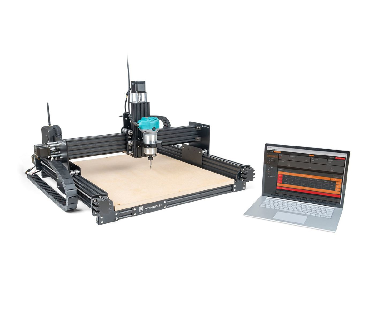 Ooznest WorkBee Z1+ CNC machine photographed next to a laptop running the WorkBee Control software with feed rate and job panels on screen