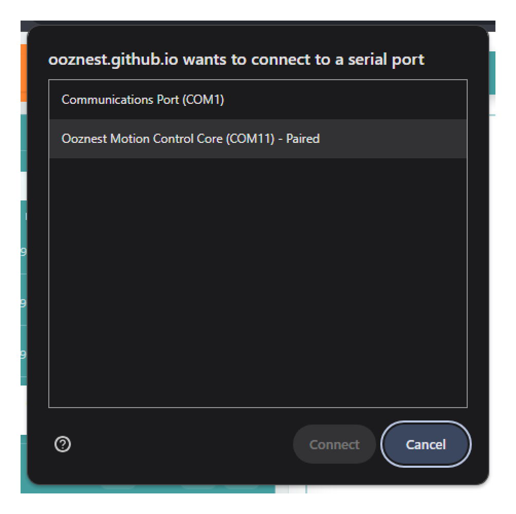 Browser Web Serial dialog from a page hosted at ooznest.github.io, listing a paired serial device named Ooznest Motion Control Core on COM11