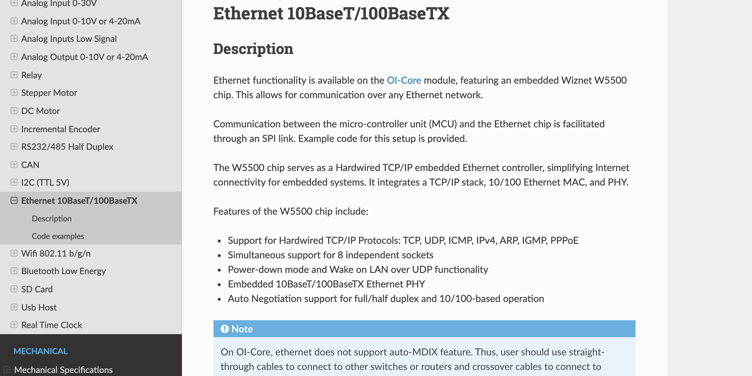 OpenIndus documentation page titled Ethernet 10BaseT/100BaseTX, with the sentence stating that Ethernet functionality is available on the OI-Core module featuring an embedded Wiznet W5500 chip, followed by the W5500 feature list and a note about cable types