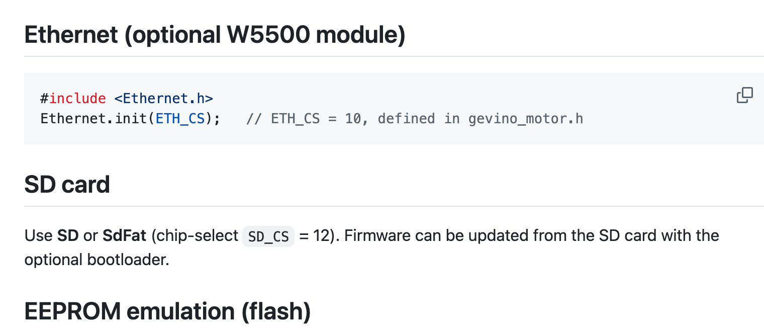 GitHub rendering of the AGENTS.md section titled Ethernet, optional W5500 module, showing the two-line code block with Ethernet.init and the ETH_CS pin comment