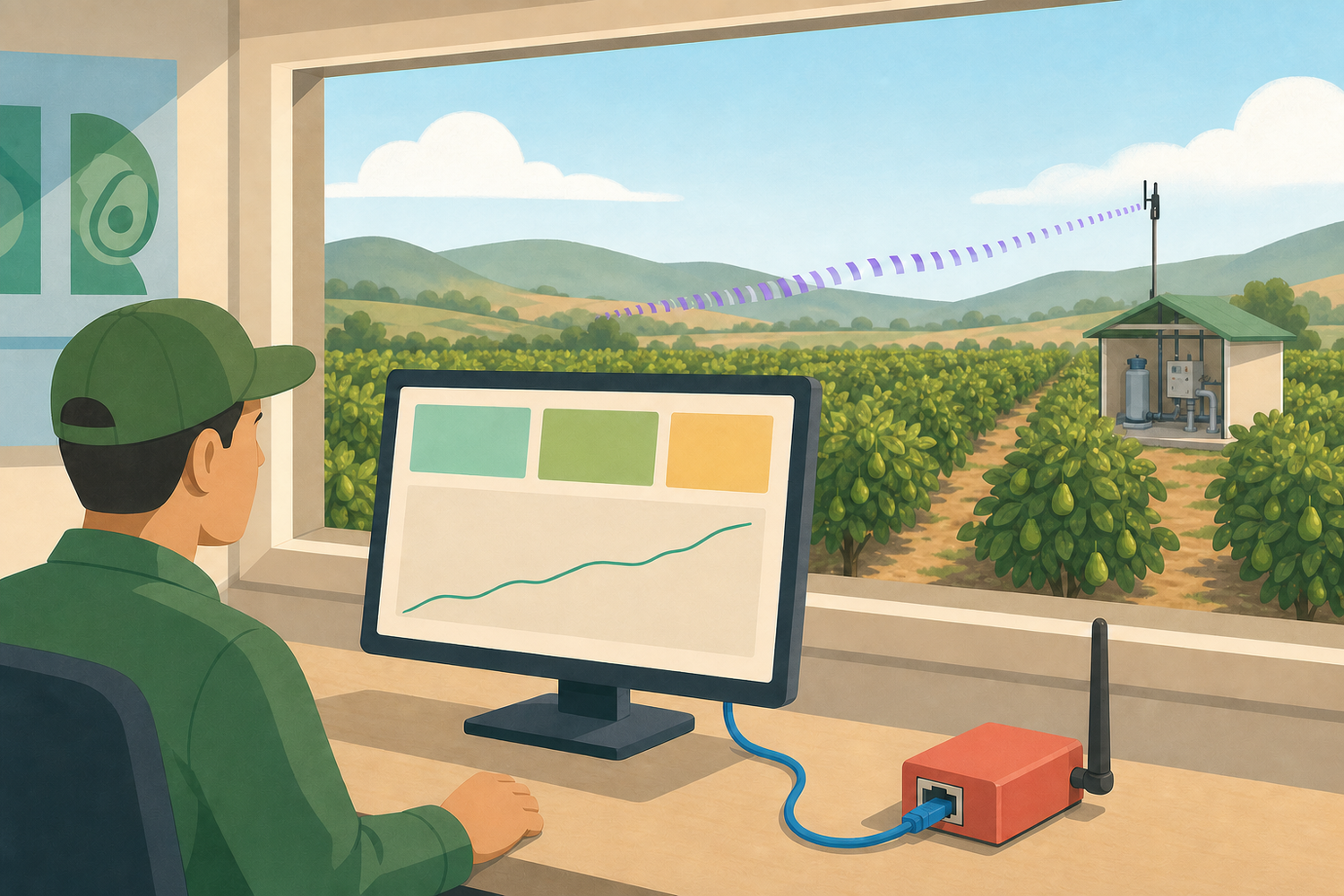 Illustrated operator viewing telemetry from an irrigation shelter across an orchard