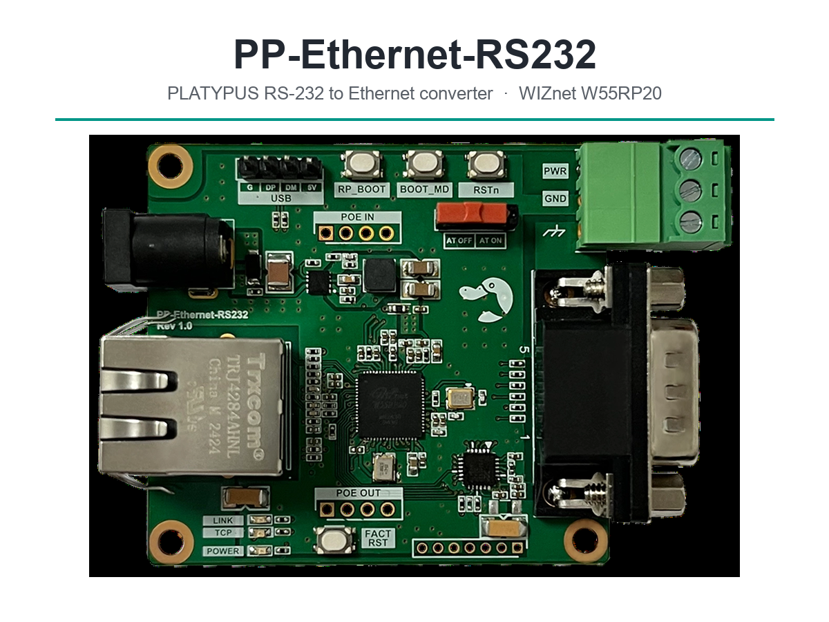 PLATYPUS PP-Ethernet-RS232 board: a WIZnet W55RP20 RS-232 to Ethernet converter with RJ45 and D-Sub 9 connectors