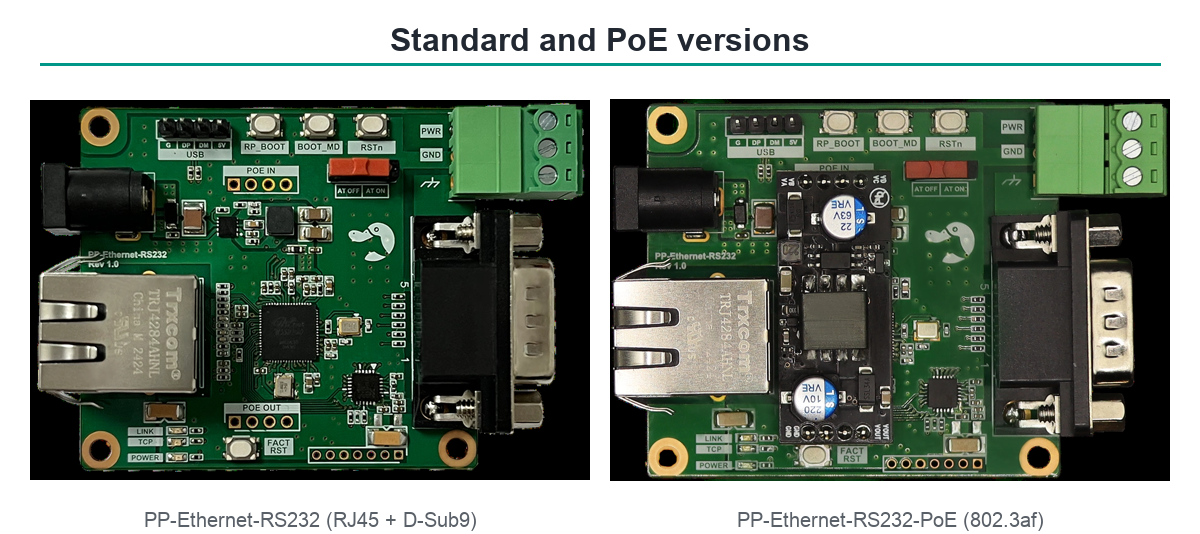 Standard PP-Ethernet-RS232 and the PoE version side by side