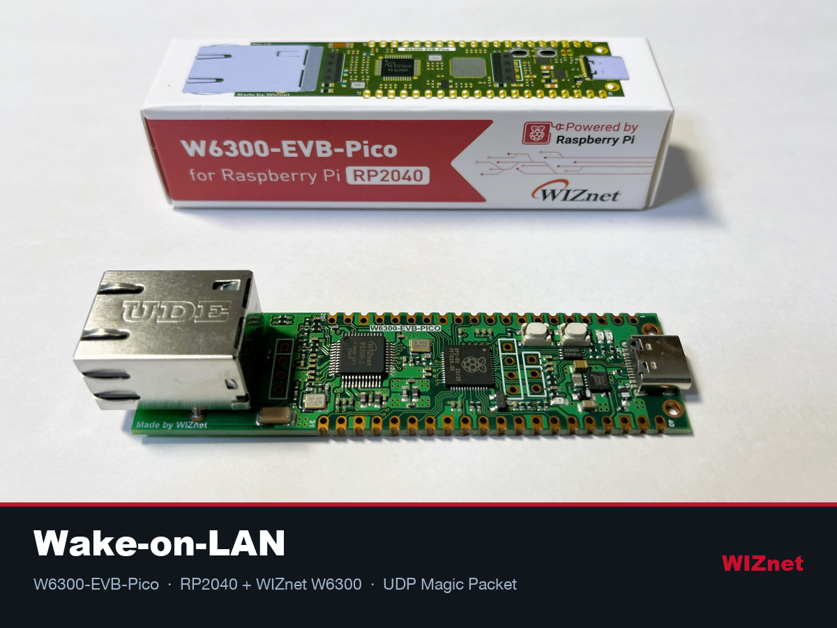 W6300-EVB-Pico board and retail box: an RP2040 board with a WIZnet W6300 Ethernet controller used as a Wake-on-LAN sender