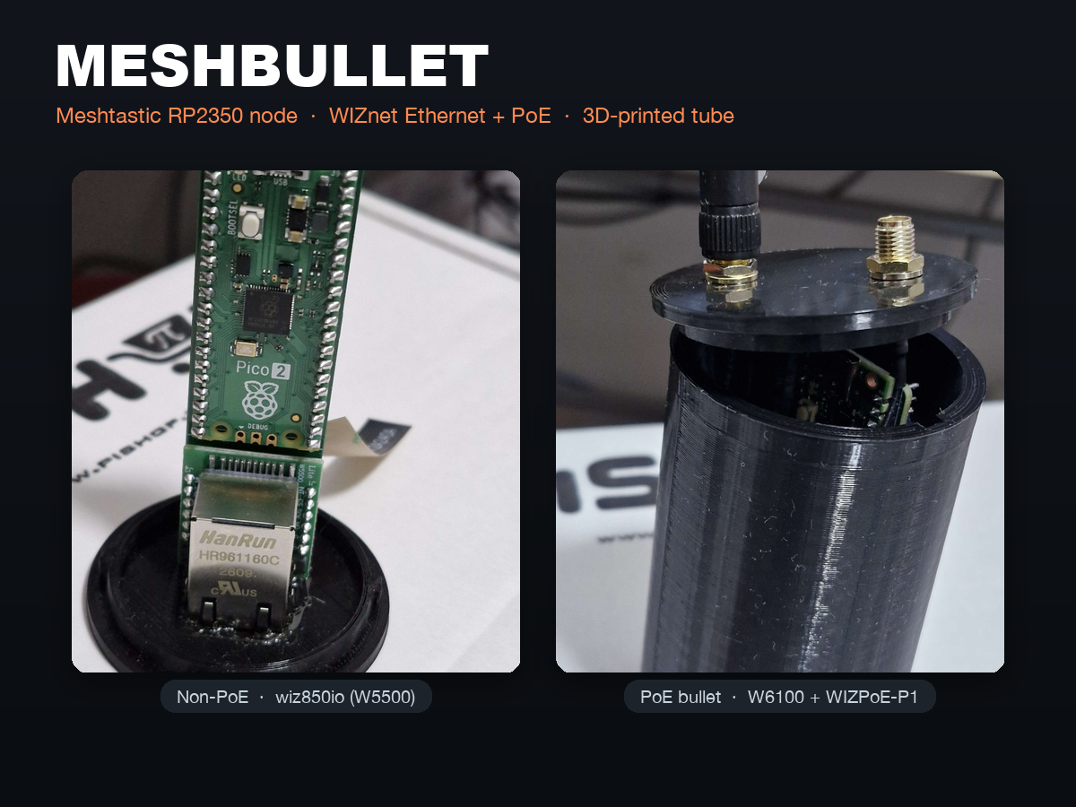 MESHBULLET non-PoE and PoE builds assembled in a 3D-printed bullet-shaped tube enclosure with antenna and Ethernet jack