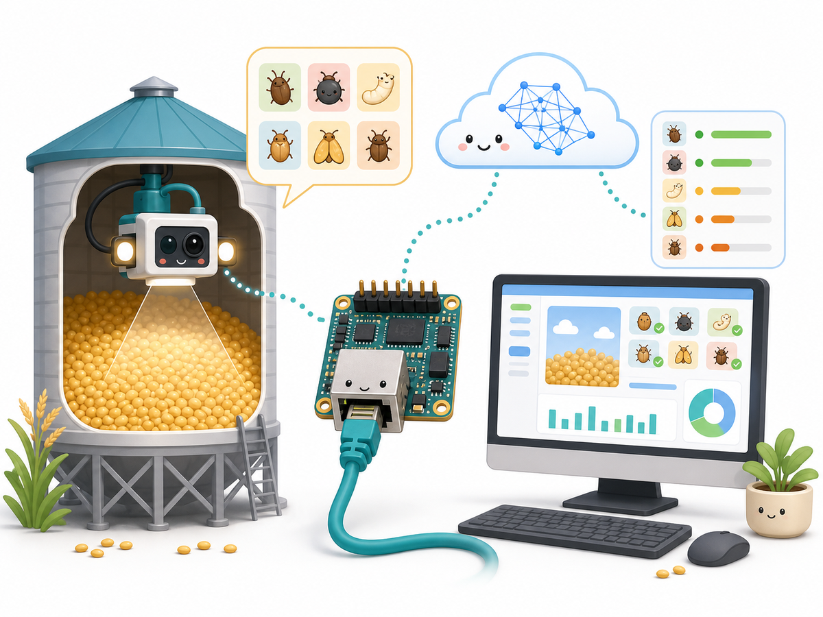 Illustration of a grain-bin camera, W5500 Ethernet bridge, PC dashboard, and cloud AI workflow