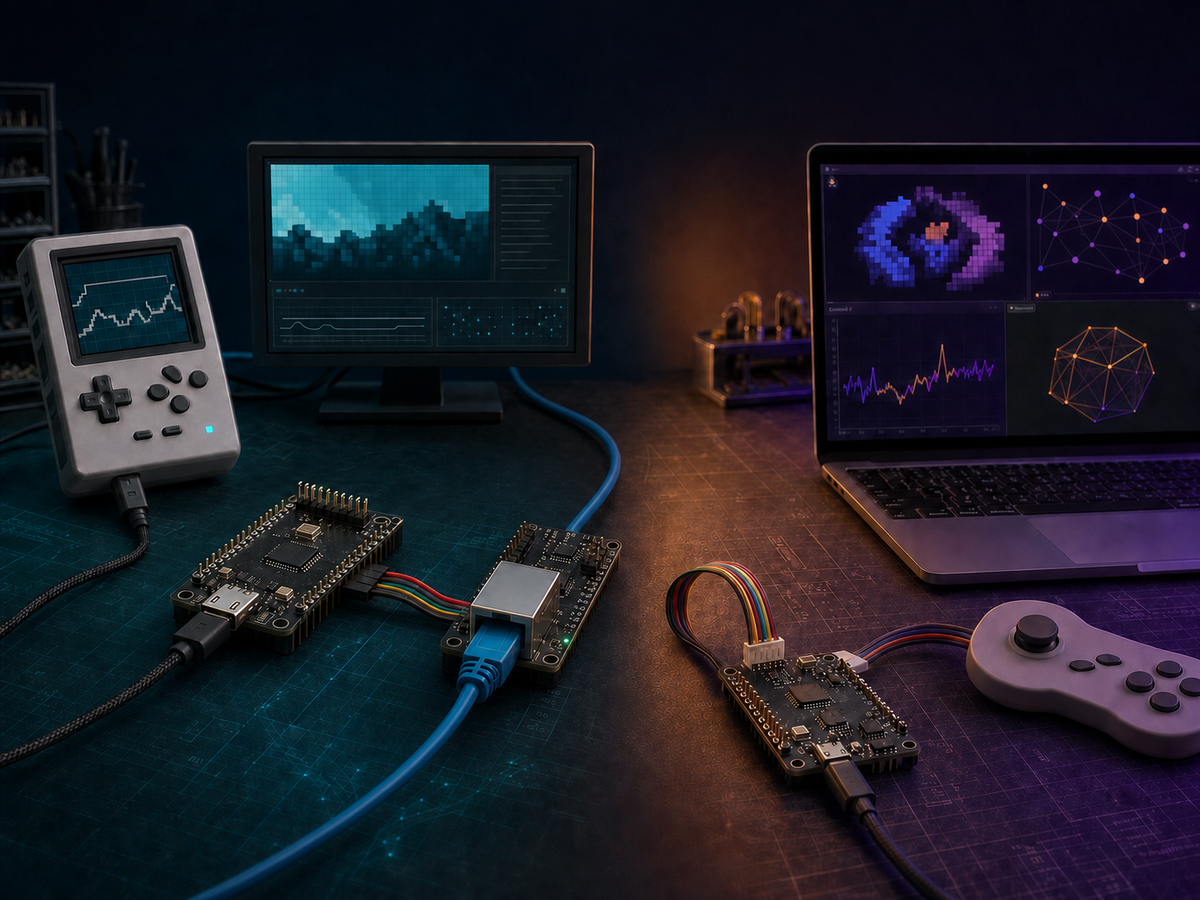 Illustrative developer bench with separate W5500 Ethernet and AI controller lanes