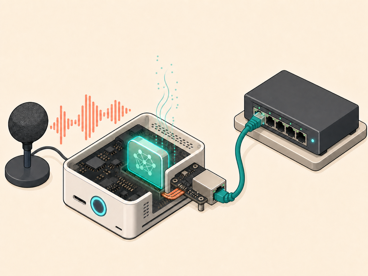 Editorial illustration of a local wake-word model in an ESP32-S3 voice terminal with an SPI-connected W5500 Ethernet path to a LAN switch