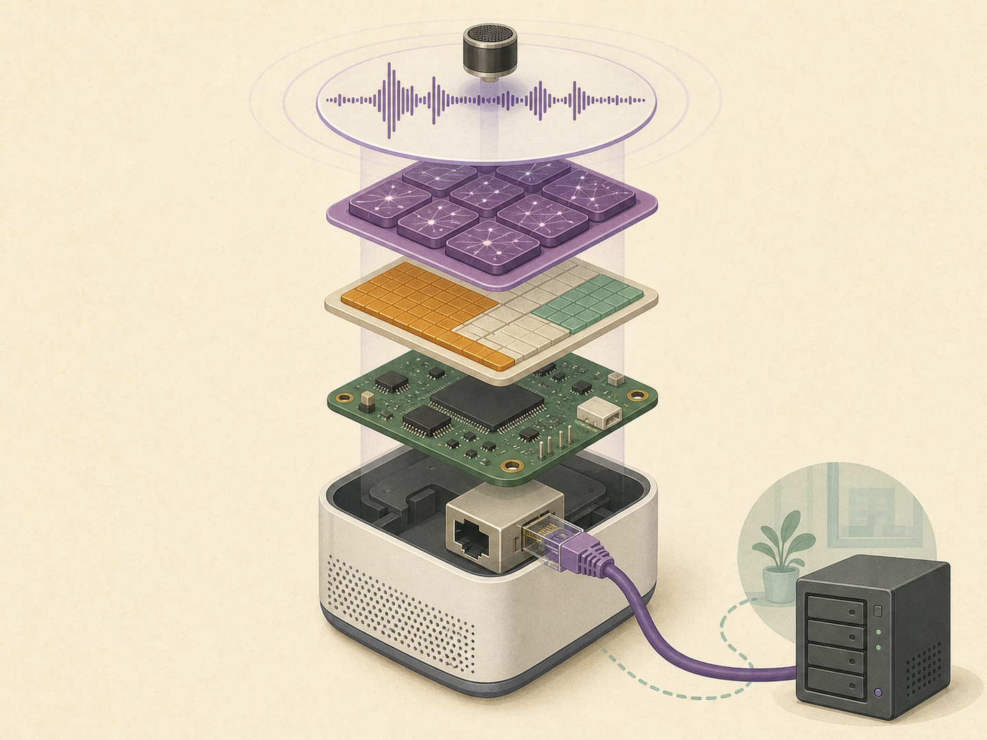 Illustrated runtime split between local WakeNet detection, W5500 Ethernet transport, and self-hosted speech services