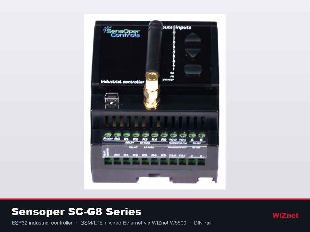 Sensoper SC-G8 Series industrial controller, a DIN-rail ESP32 device with antenna and screw terminals