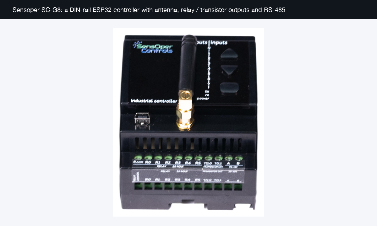 Sensoper SC-G8 controller showing its relay, transistor-output and RS-485 screw terminals and cellular antenna