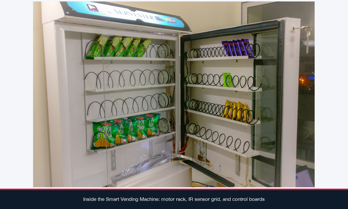 Interior of the Smart Vending Machine showing the motor rack, IR sensor grid, and control boards mounted inside the chassis