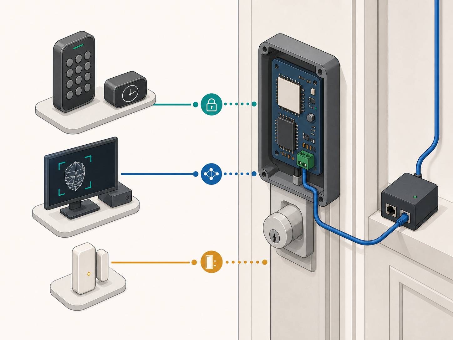 Generated illustration of keypad credentials, an external face event, and door-state signals reaching the wired lock