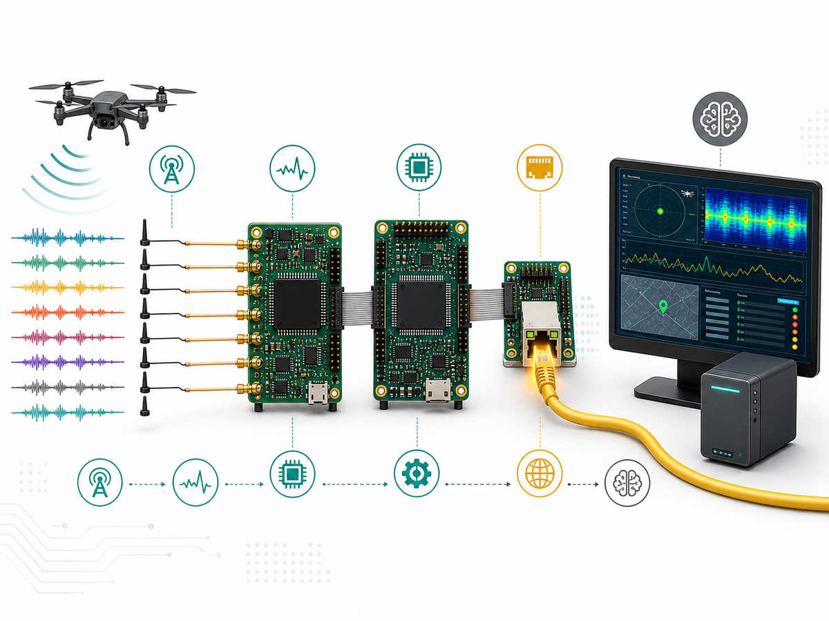 Generated illustration of RF signals, an acquisition chain, W5500 Ethernet, and an AI decision host