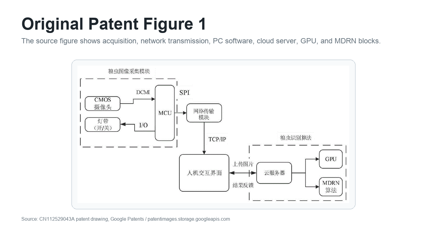 Original patent Figure 1 showing image acquisition, network transmission, PC software, cloud server, GPU, and MDRN blocks
