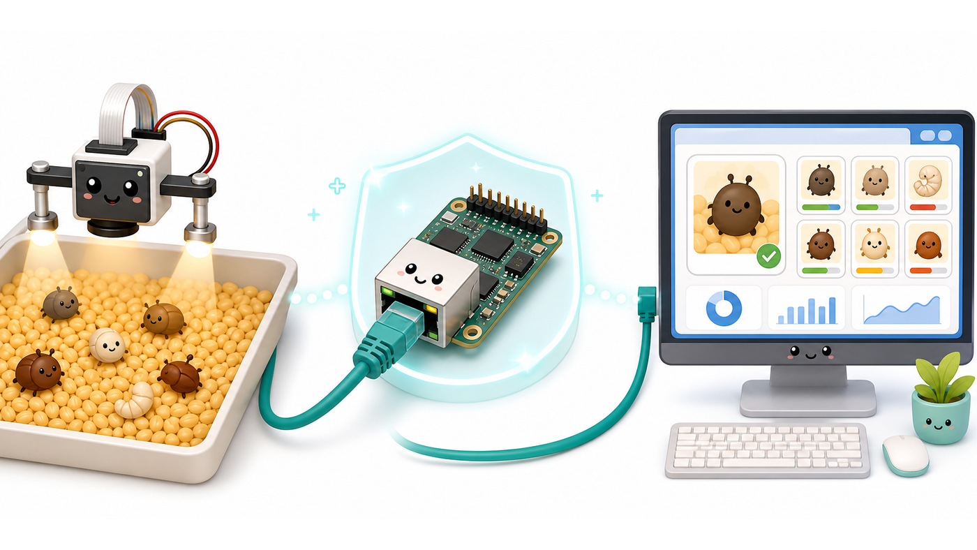 Illustration of a camera node, W5500 Ethernet bridge, and PC dashboard