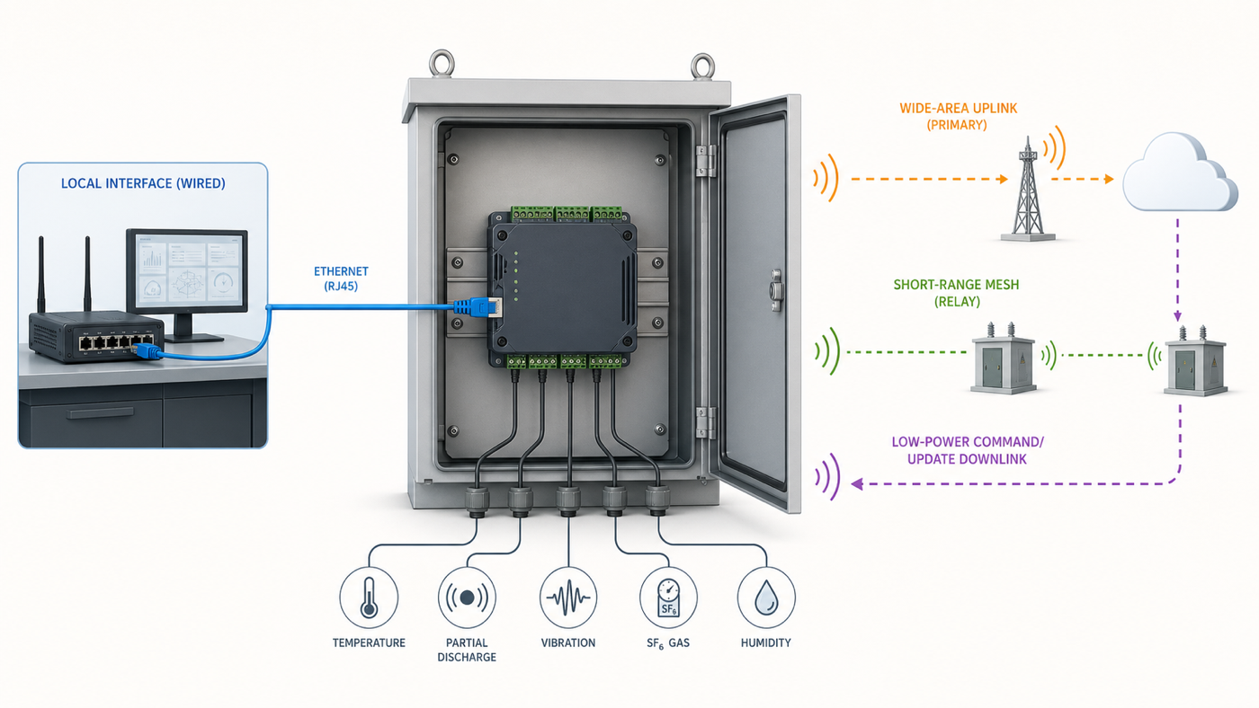Generated technical illustration separating local W5500 Ethernet from wide-area, mesh-relay, and command-update wireless paths