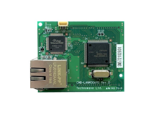 The Technowave LANM3069D-S board has a W5100 Ethernet controller beside the RJ45 connector and a Renesas H8 microcontroller.
