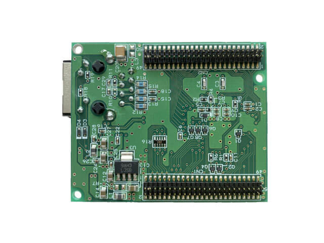 The underside of the LANM3069D-S shows the two fine-pitch connector rows used to integrate the Ethernet I/O board into an external circuit.