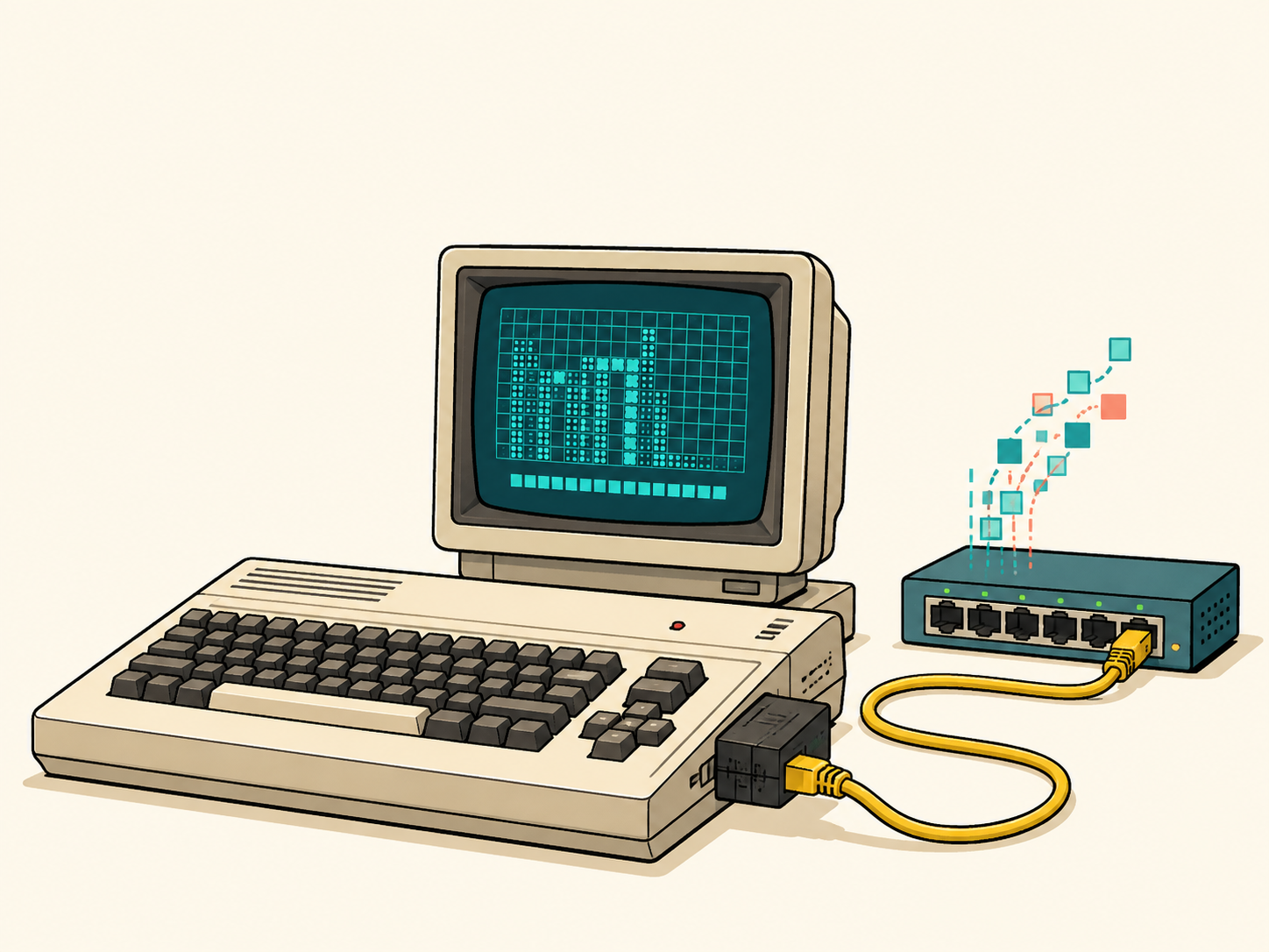 Editorial illustration of a vintage keyboard computer connected by Ethernet cable to a network switch