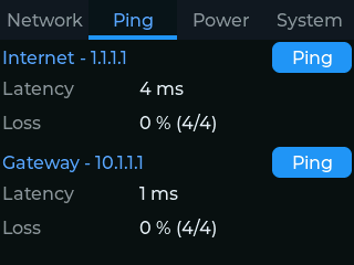 Actual Ping tab showing four replies, zero loss, four milliseconds to the internet target and one millisecond to the gateway
