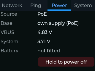 Actual Power tab showing PoE operation and the base using its own supply